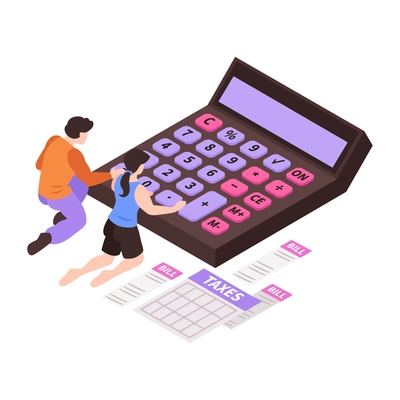 Isometric family budget home planning income expenses composition with people and calculator vector illustration