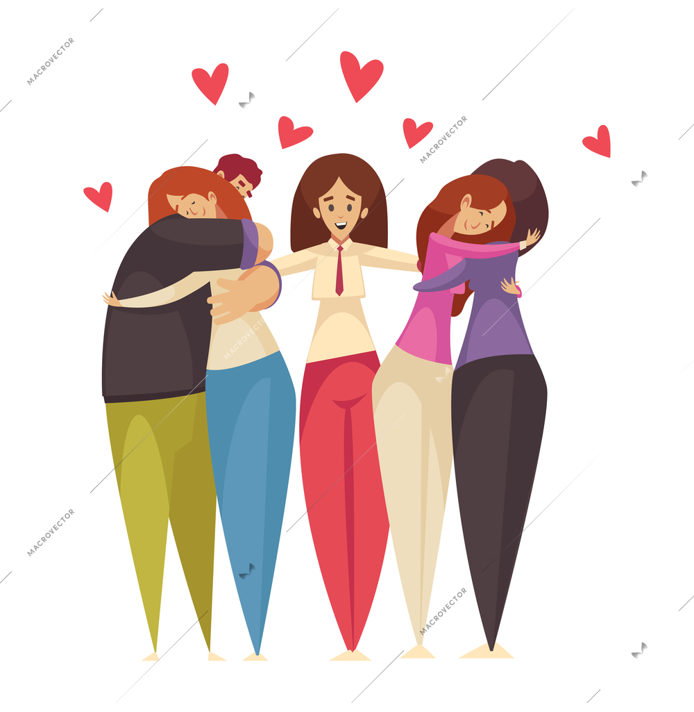 Psychology therapy composition with heart icons and hugging people with female psychologist vector illustration