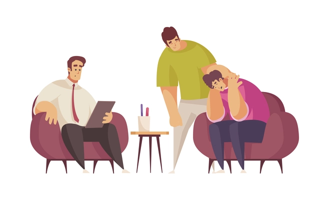 Psychology therapy composition with characters of male clients and psychologist on session vector illustration