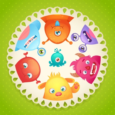 Cute cartoon monster party funny alien character round paper design vector illustration