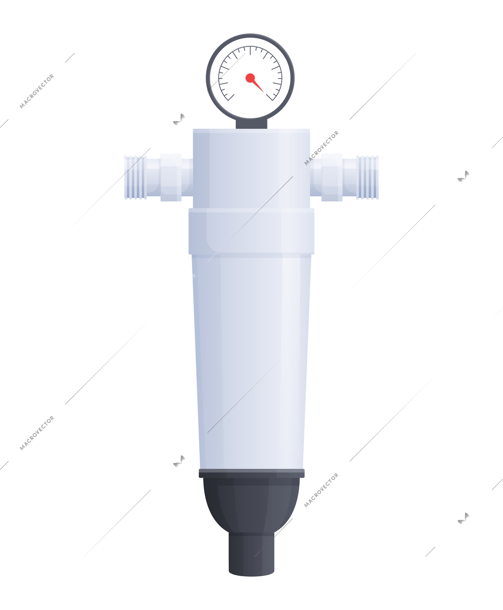 Water filter flat composition with isolated image of water filter equipped with manometer vector illustration