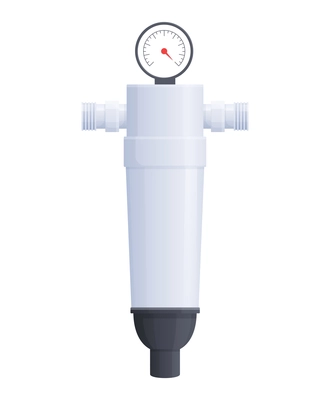 Water filter flat composition with isolated image of water filter equipped with manometer vector illustration