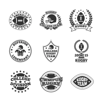 Rugby campus college legendary team  black graphic labels set with american football division emblem isolated vector illustration