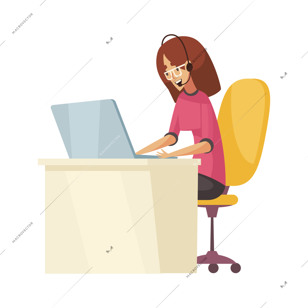 Dispatchers client support call center composition with character of girl at laptop table wearing headset vector illustration