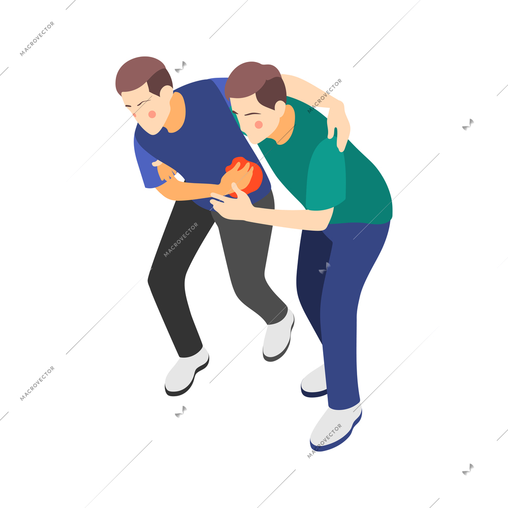 True male friendship isometric composition with character of young guy helping his injured friend vector illustration