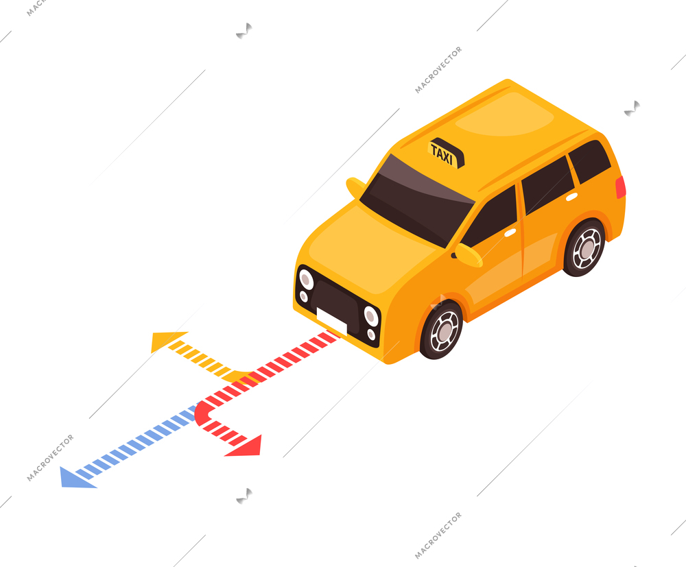 Isometric taxi navigation composition with yellow cab and colorful dashed arrows vector illustration