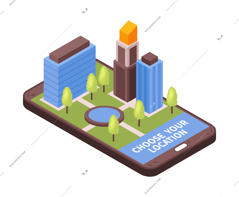 Isometric taxi navigation composition with image of smartphone with city block on top vector illustration