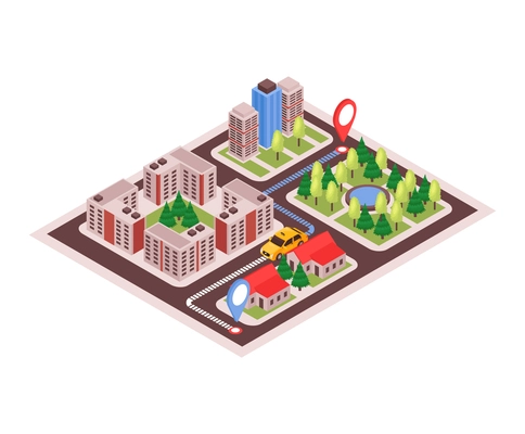 Isometric taxi navigation composition with view of city blocks and moving cars with arrows along streets vector illustration