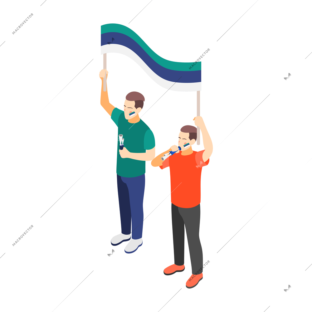 True male friendship isometric composition with characters of young guys with flags vector illustration