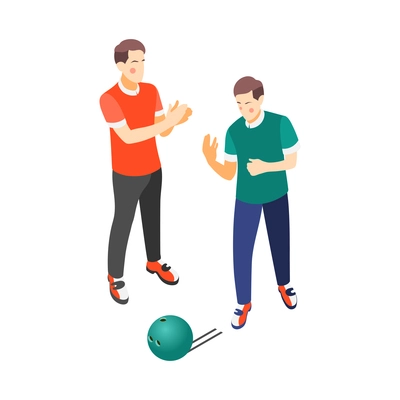 True male friendship isometric composition with characters of young guys playing bowling vector illustration