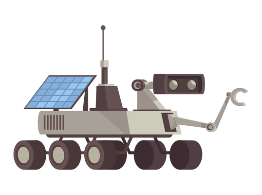 Mars colonization composition with image of wheeled rover with manipulator antenna and solar battery vector illustration