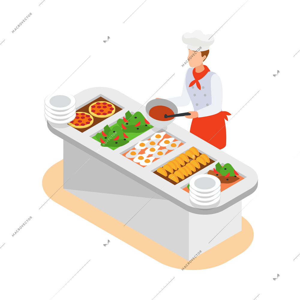 Sea cruise isometric composition with human character of cook in uniform serving meals vector illustration