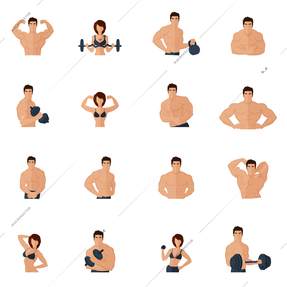 Bodybuilding fitness gym icons flat set with strong men and women figures lifting iron isolated vector illustration