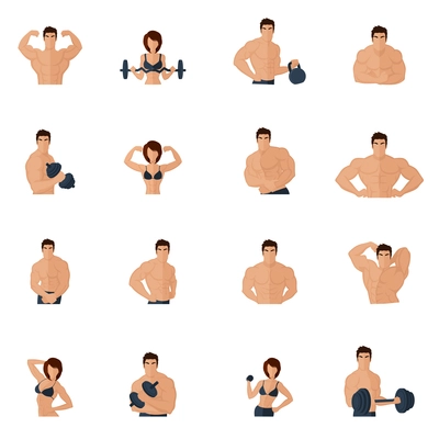 Bodybuilding fitness gym icons flat set with strong men and women figures lifting iron isolated vector illustration