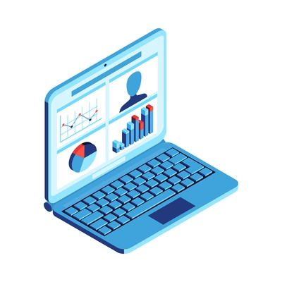 Isometric datacenter cloud service composition with isolated image of laptop with graphs and charts vector illustration