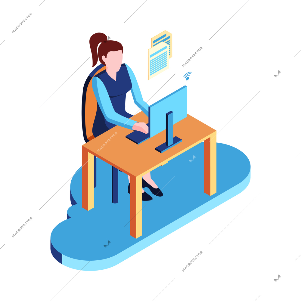Isometric datacenter cloud service composition with woman working at computer table with wireless sign vector illustration