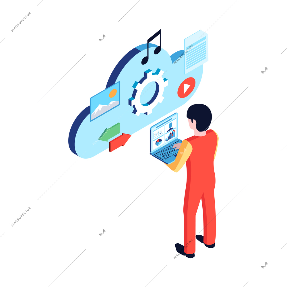 Isometric datacenter cloud service composition with cloud content icons and human character holding laptop vector illustration