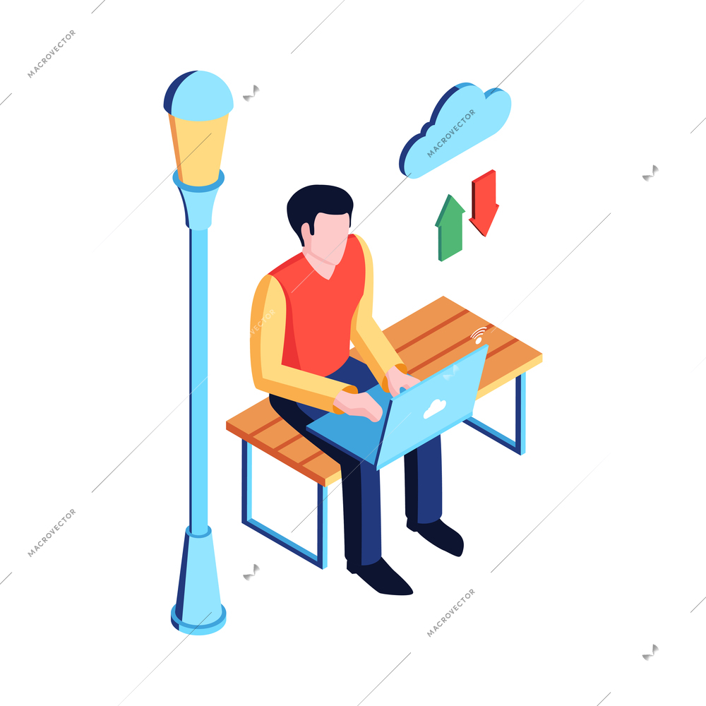 Isometric datacenter cloud service composition with human character sitting on park bench with laptop vector illustration