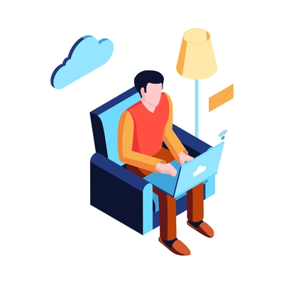 Isometric datacenter cloud service composition with male character sitting in chair with laptop vector illustration