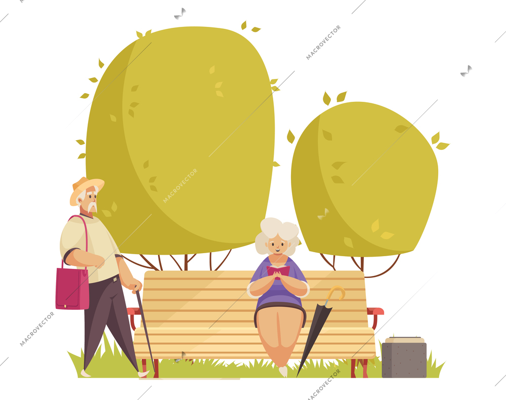 City park composition with urban park scenery and characters of elderly people having good time vector illustration