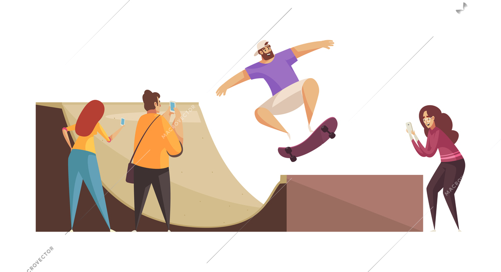 City park composition with group of young skateboarders watching guy jumping on quarter pipe vector illustration