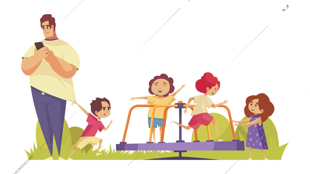 City park composition with outdoor scenery and adult man with kids riding spinning carousel vector illustration