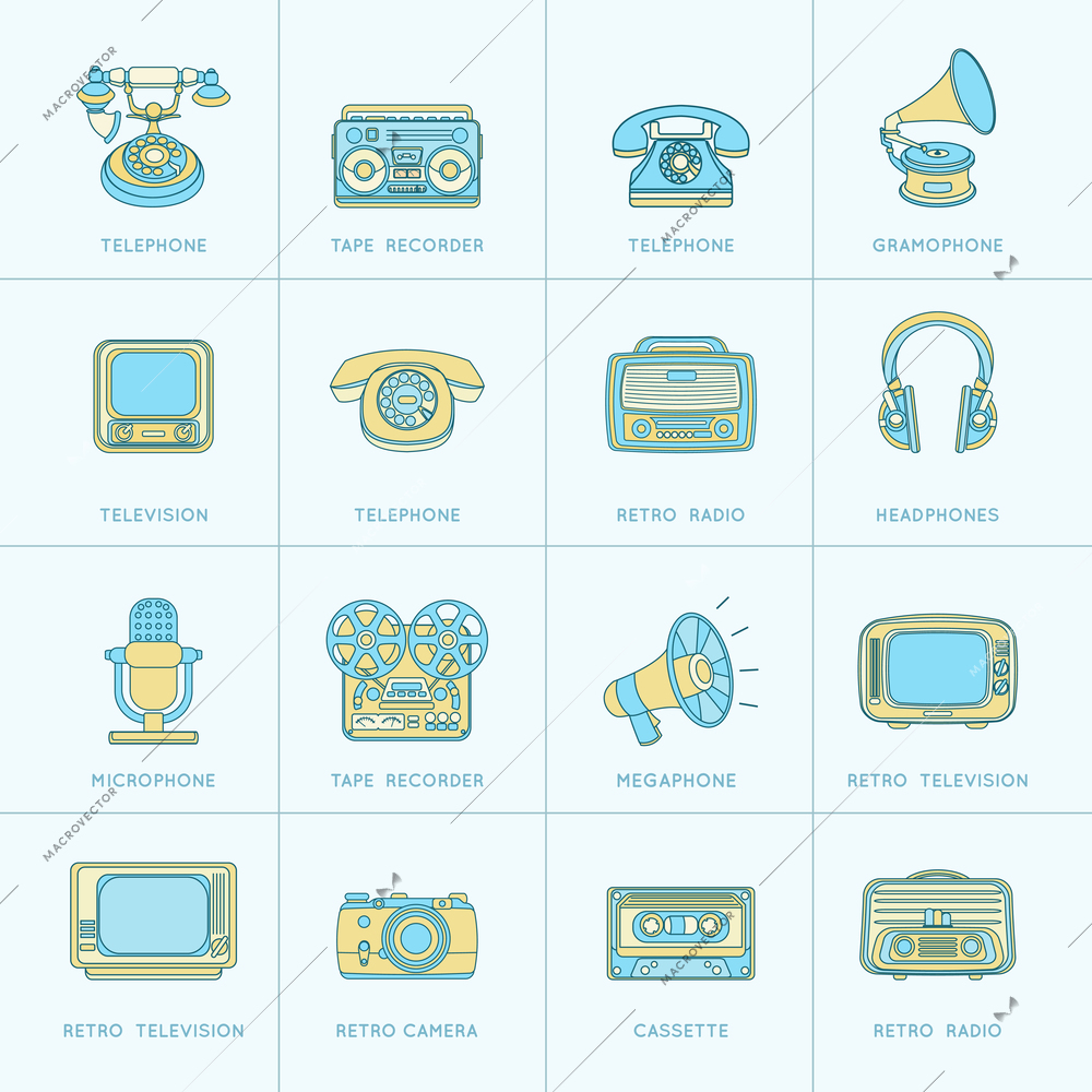 Vintage retro media gadgets flat line icons set of photo camera cassette telephone isolated vector illustration