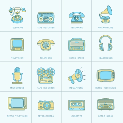 Vintage retro media gadgets flat line icons set of photo camera cassette telephone isolated vector illustration