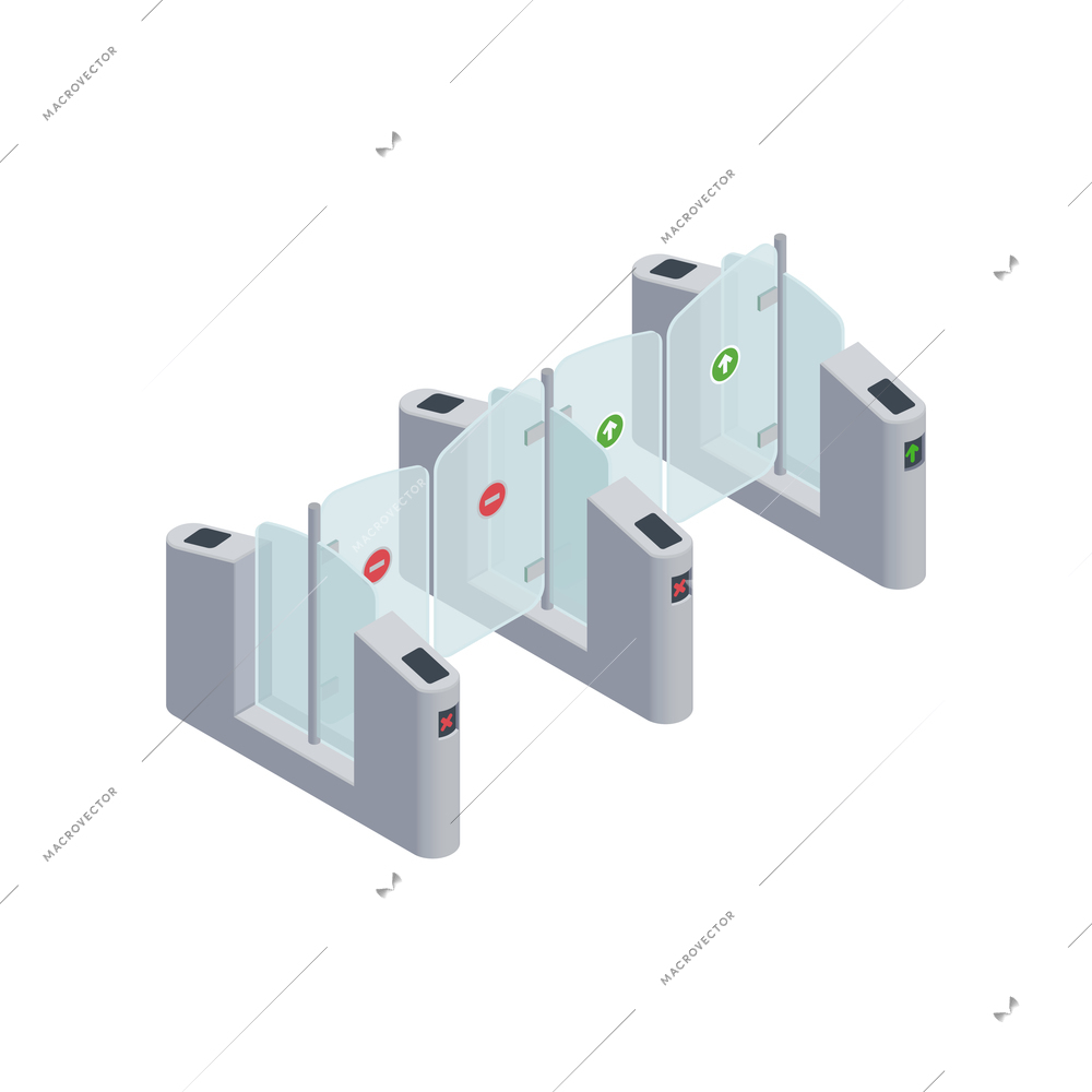 Subway metro isometric composition with isolated image of ticket barrier row with glass goors vector illustration