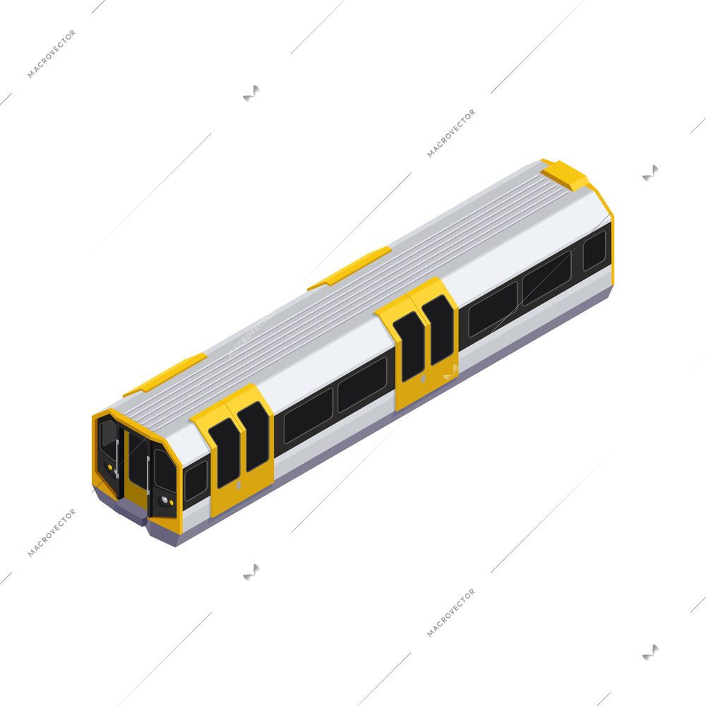 Subway metro isometric composition with isolated image of metro train car with cabin and doors vector illustration