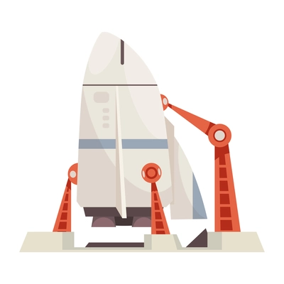 Mars colonization composition with image of rocket on launching pad with manipulator arms vector illustration