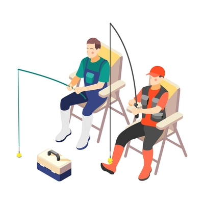 True male friendship isometric composition with characters of young friends going in for fishing vector illustration