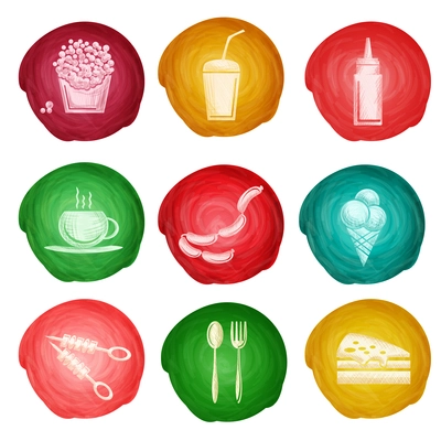 Fast food icons watercolor set of popcorn soda drink ketchup isolated vector illustration