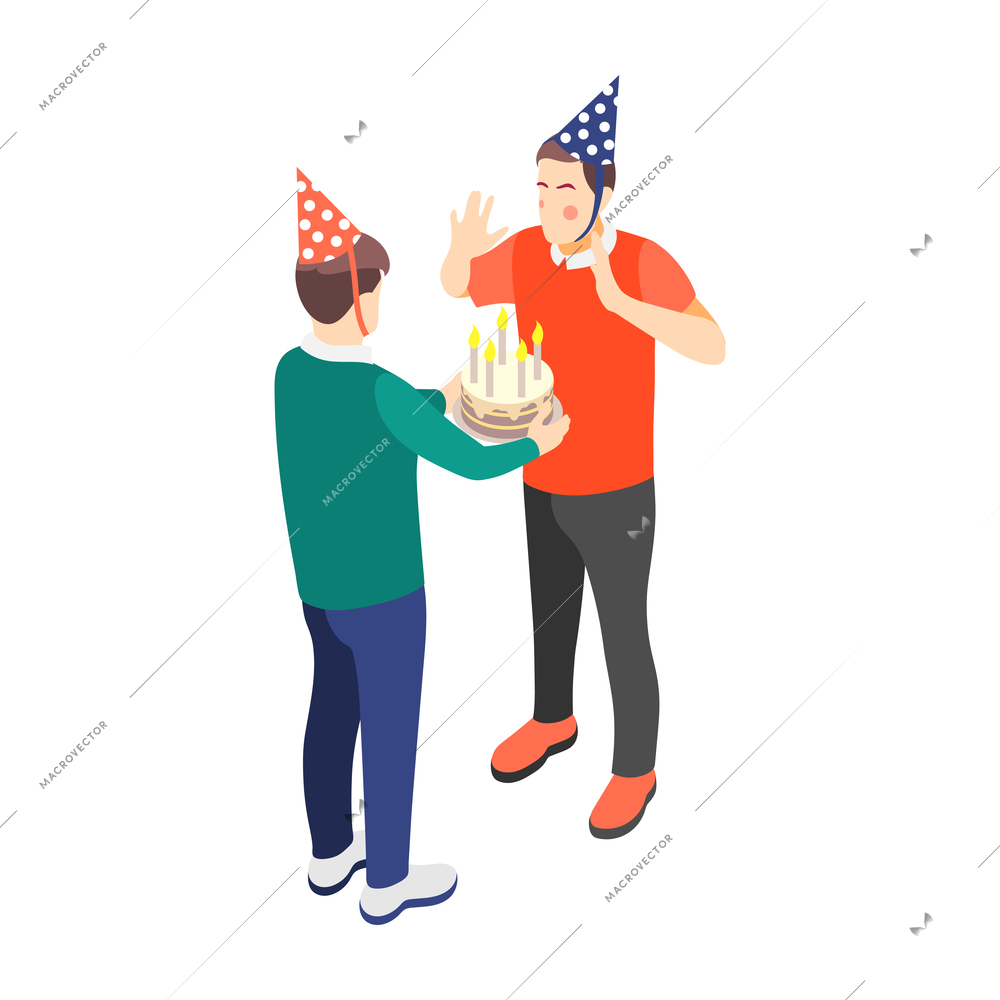 True male friendship isometric composition with character of young guy congratulating his mate with cake vector illustration