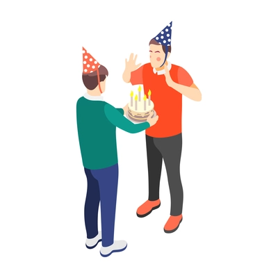 True male friendship isometric composition with character of young guy congratulating his mate with cake vector illustration