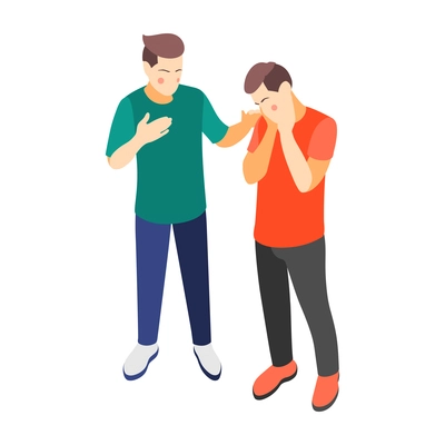 True male friendship isometric composition with character of young guy seeing his mate through crisis vector illustration