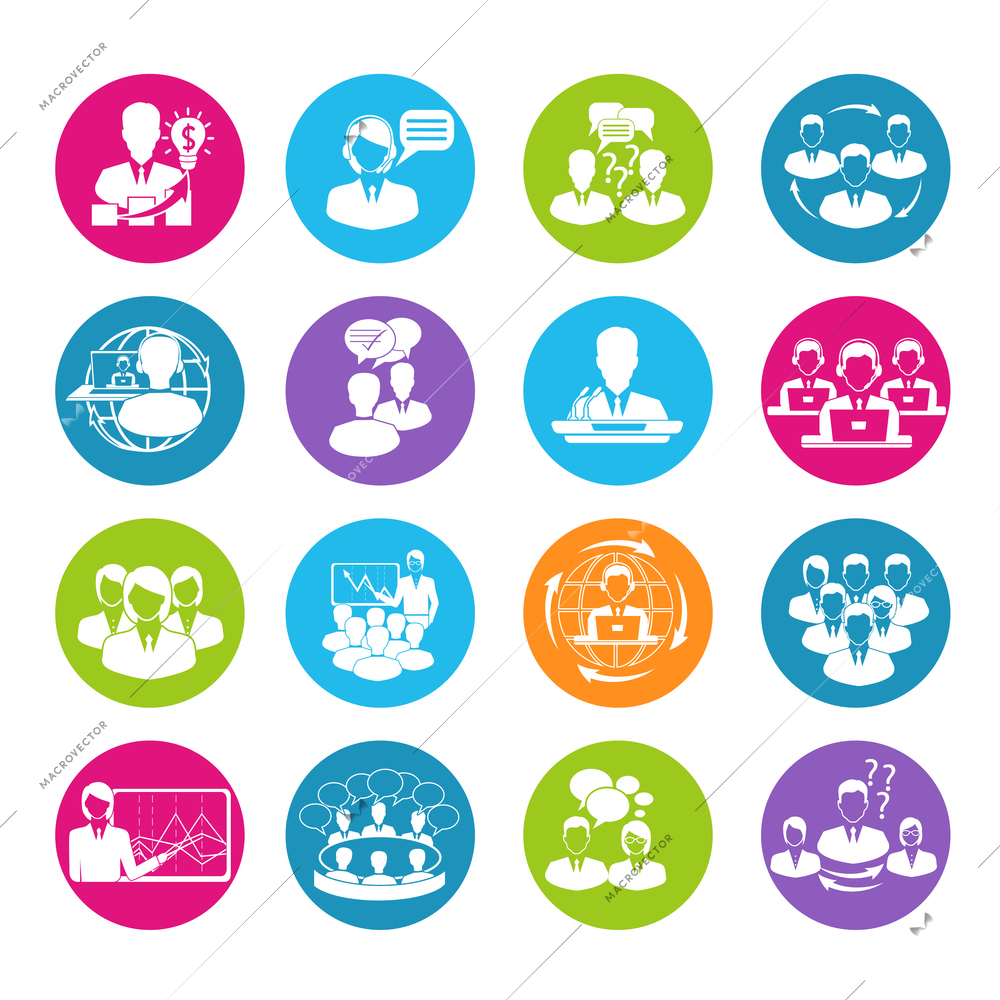 Business meeting white round buttons icons set of teamwork mediation planning elements isolated vector illustration