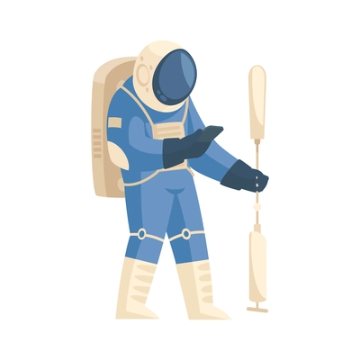 Mars colonization composition with character of walking astronaut in spacesuit holding stick vector illustration