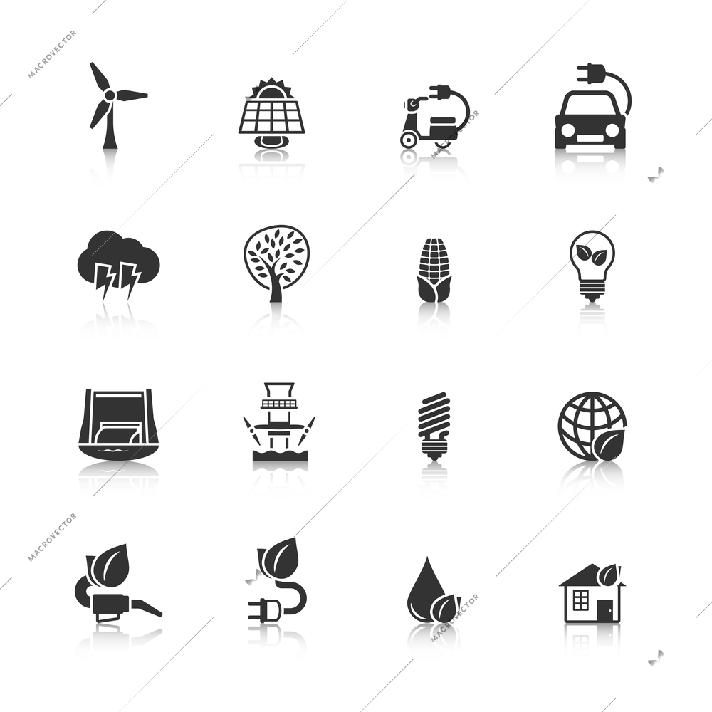 Ecologically clean planet and energy saving solutions black icons set with dam windmill abstract isolated vector illustration