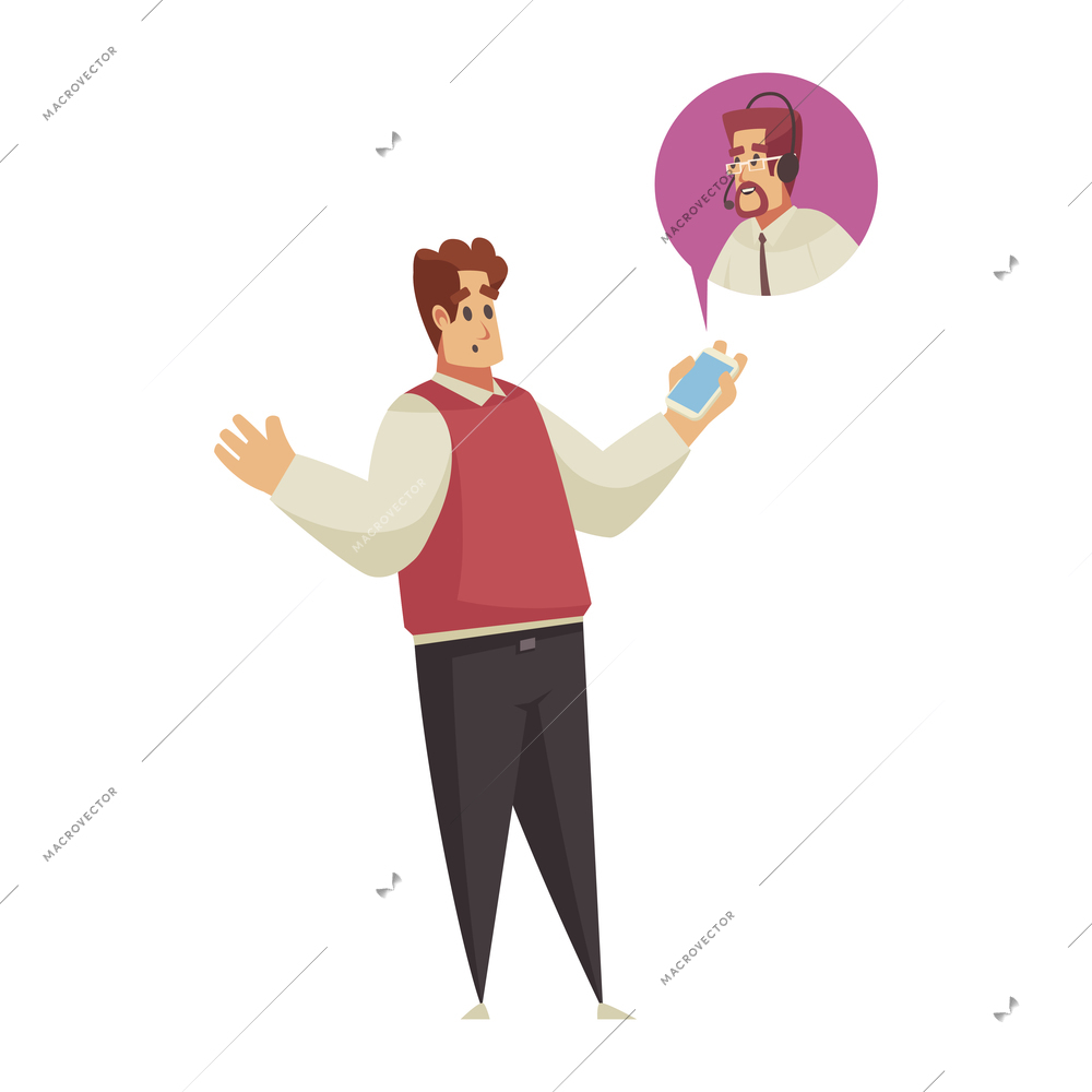Dispatchers client support call center composition with male character of client with smartphone calling agent vector illustration