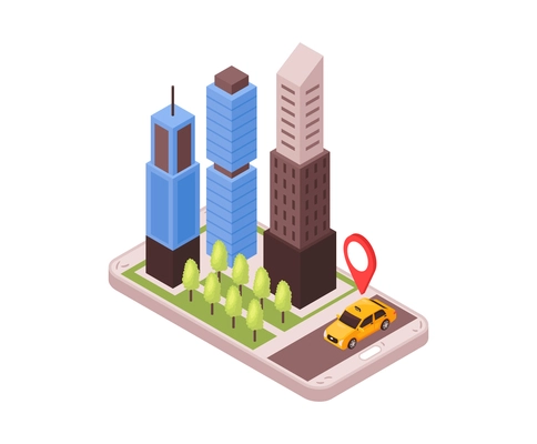 Isometric taxi navigation composition with city block and cab with location sign on top of smartphone vector illustration