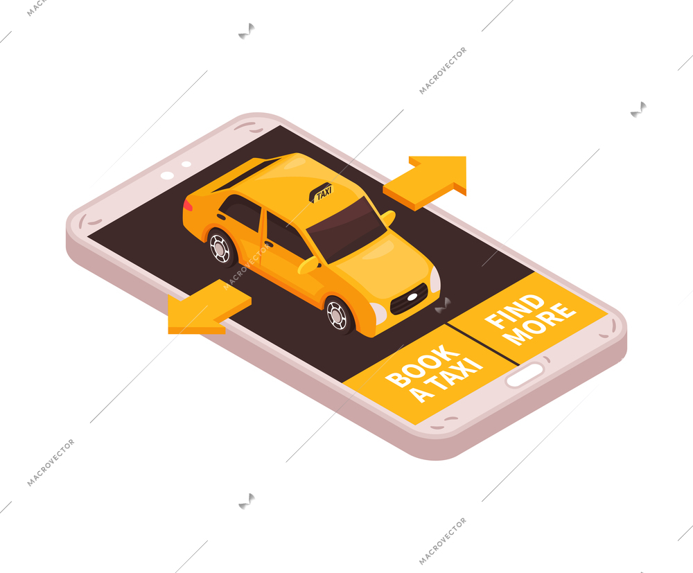 Isometric taxi navigation composition with image of smartphone with yellow cab arrows and text buttons vector illustration