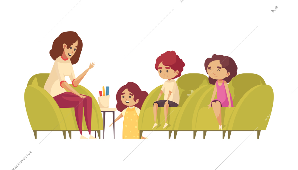 Psychology therapy composition with character of female psychologist and group of kids vector illustration