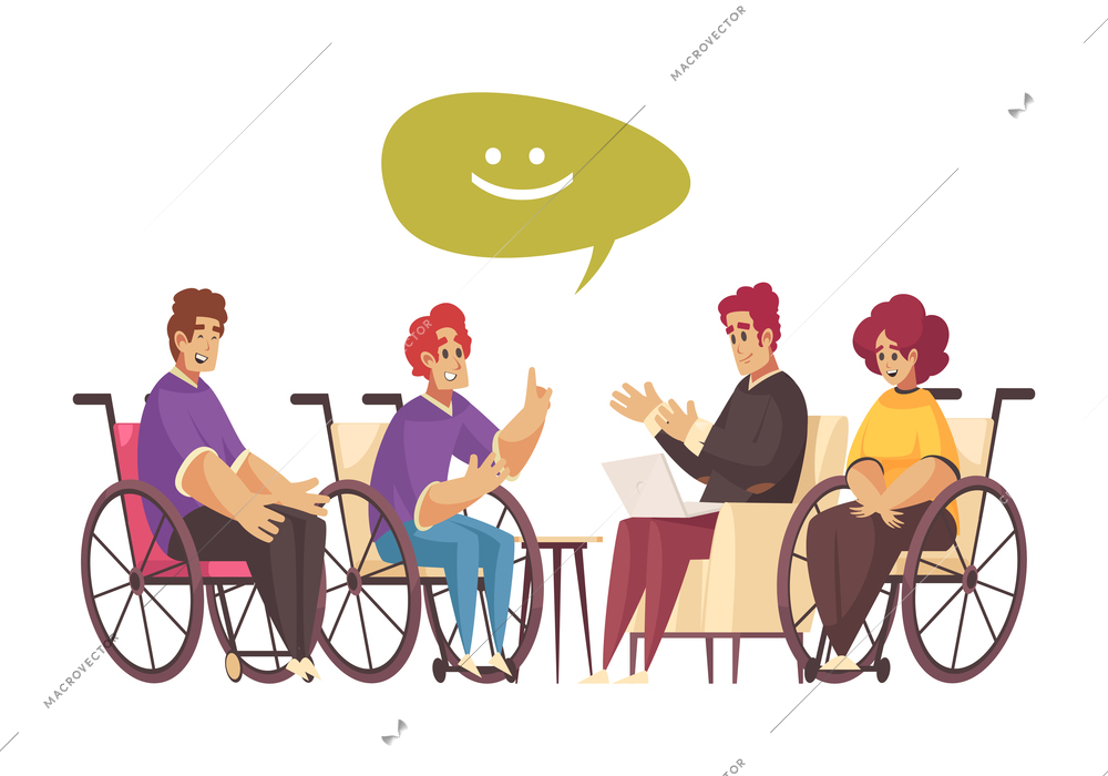 Psychology therapy composition with characters of handicapped persons and psychologist vector illustration