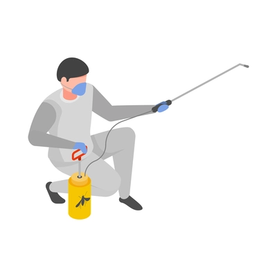 Mosquito protective composition with isolated character of male worker spraying chemicals vector illustration