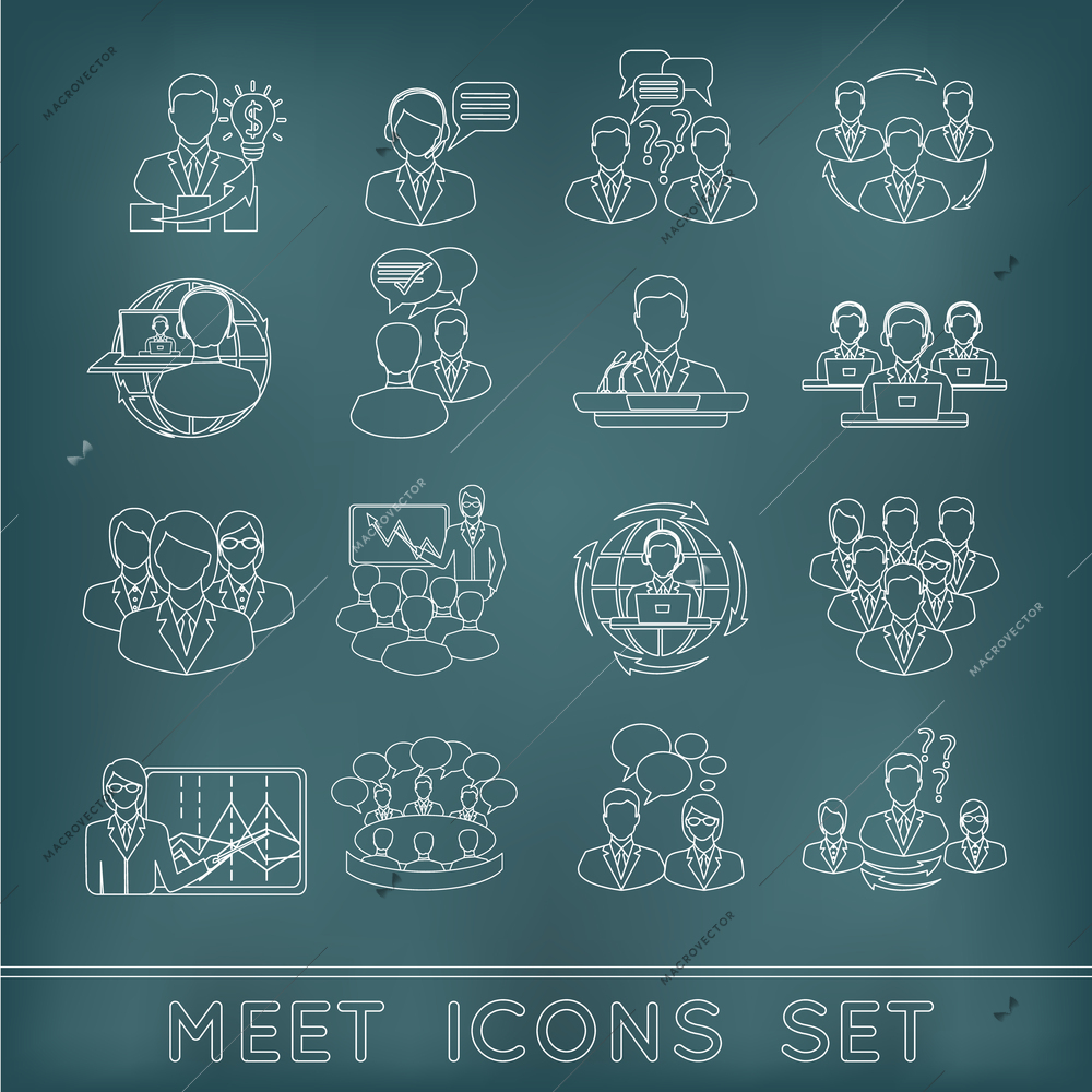 Business meeting outline icons set of conference innovation team working elements isolated vector illustration