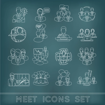 Business meeting outline icons set of conference innovation team working elements isolated vector illustration