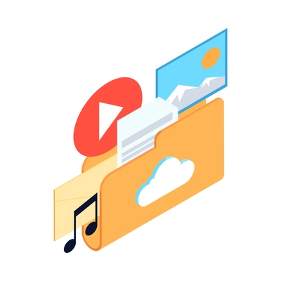 Isometric datacenter cloud service composition with icons of multimedia content with cloud sign vector illustration