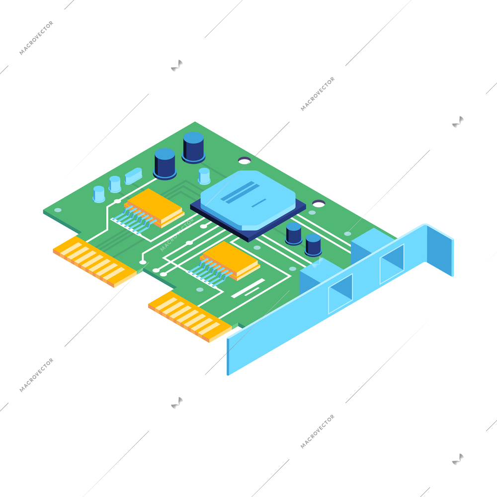 Isometric datacenter cloud service composition with isolated image of computer network adapter card vector illustration