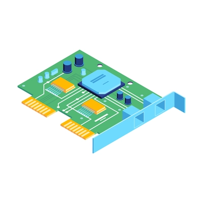 Isometric datacenter cloud service composition with isolated image of computer network adapter card vector illustration